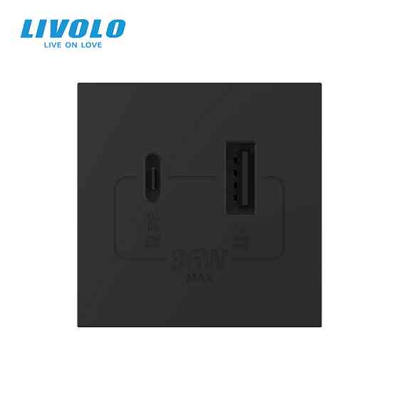 Розетка LIVOLO USB-A + USB-C PD 36Вт, чорна, швидке заряджання, Power Delivery QC 3.0, модуль (VL-FCUA18W.UC18W-2BP) Коломыя