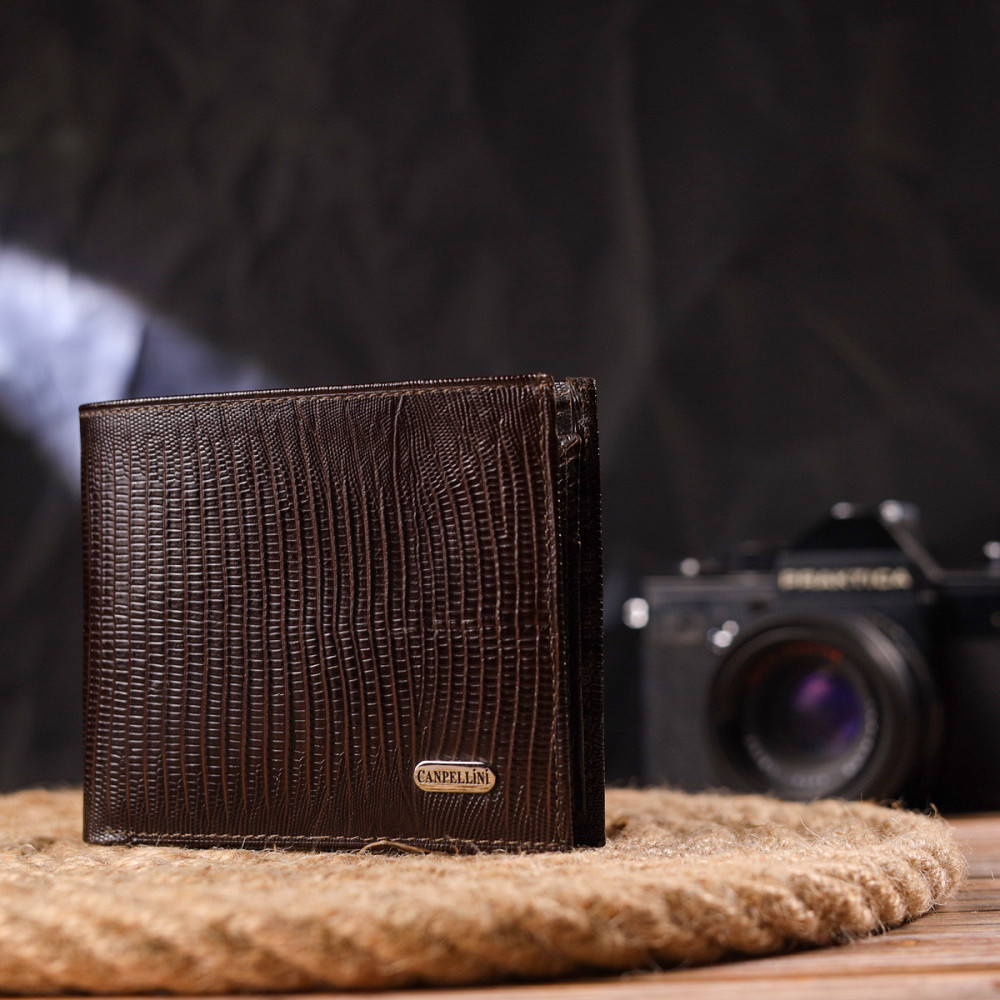 Лакований гаманець для чоловіків у два складення з натуральної фактурної шкіри CANPELLINI 21585 Коричневий Київ - фото 9
