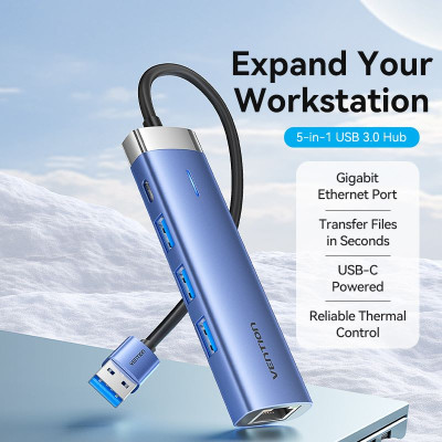 Концентратор Vention USB 3.0 to USB 3.0x3/RJ45/Type-C Hub Blue Aluminum Alloy 5-in-1 (TGFSB) Винница - изображение 4