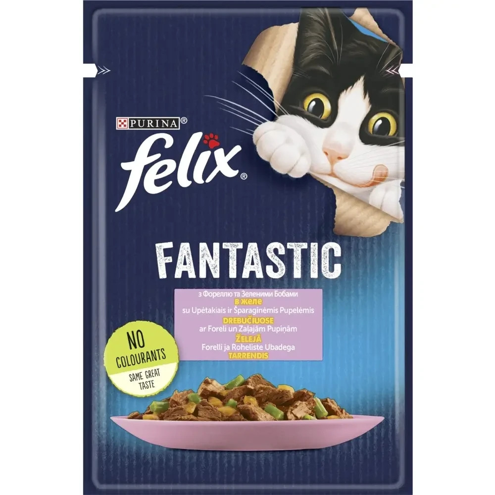 Влажный корм FELIX Fantastic для взрослых кошек, кусочки в желе, с форелью и зелеными бобами, 85 г Киев - изображение 1
