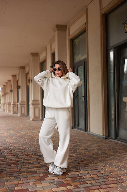 Костюм oversize турецкая трехнить на флисе, худые и широкие брюки, молочный, размер 42/46 Лубны - изображение 6