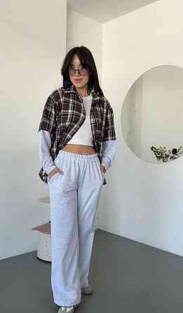 Женский повседневный костюм двойка: рубашка в клетку и штаны турецкая фланель + двунитка Шоколадный Одесса