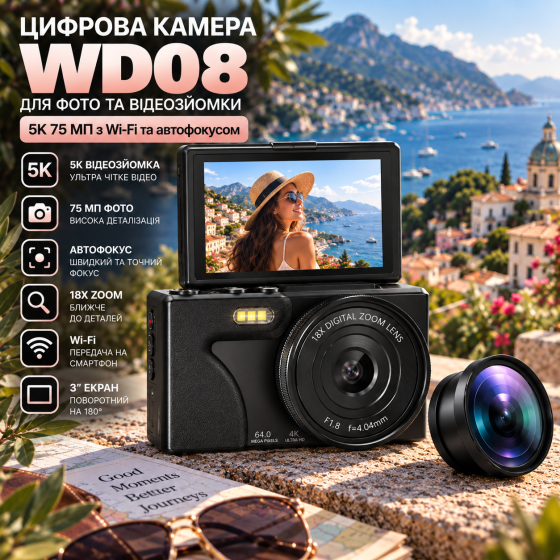 Цифрова камера Wevoor A62 4K 64 МП, автофокус, Dual Camera, 18x Zoom, 2000 мАг + карта 64 ГБ, чорна Київ