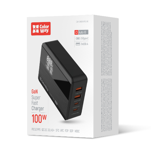 Зарядний пристрій мережевий 2USB/2Type-C 100W чорний GaN ColorWay CW-CHS041PD-BK Житомир