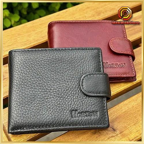Чоловічий гаманець з натуральної шкіри HORTON чорно-коричневе портмоне на застібку з кнопкою на подарунок чоловікові Київ - фото 1