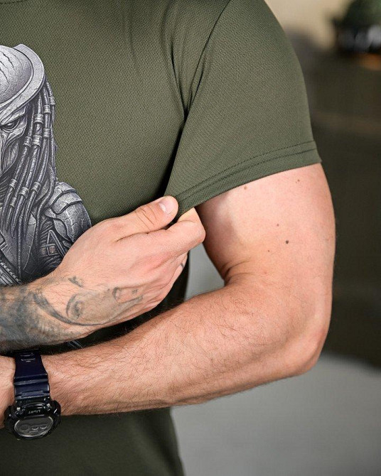 Тактическая мужская потоотводящая футболка картинка принт хищник олива Одесса - изображение 8