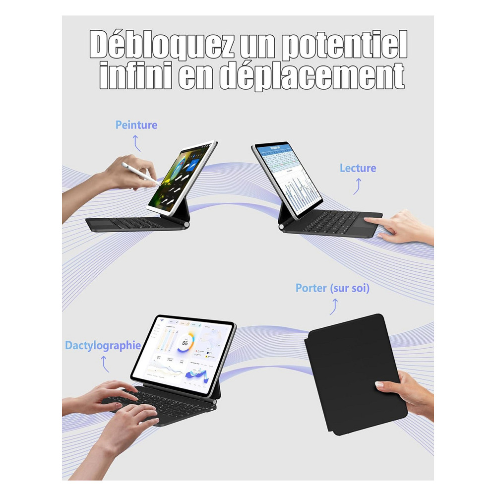 Клавиатура Nuflaz X7 чёрно-серая AZERTY подсветка 7 цветов трекпад ультра‑тонкая для iPad 11