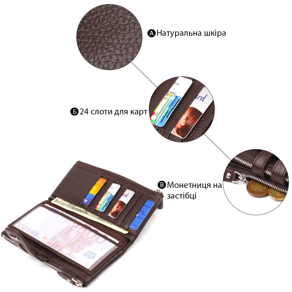 Практичный кошелек из натуральной зернистой кожи CANPELLINI 21632 Коричневый Киев - изображение 8
