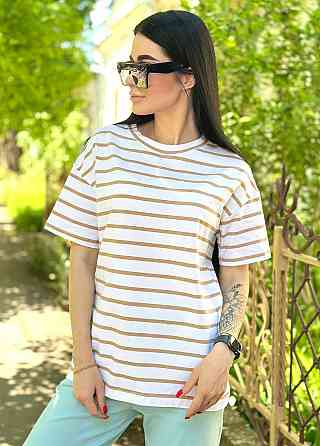 Подовжена футболка в смужку "Modis" оптом | Батал Капучіно, 50-52 Київ