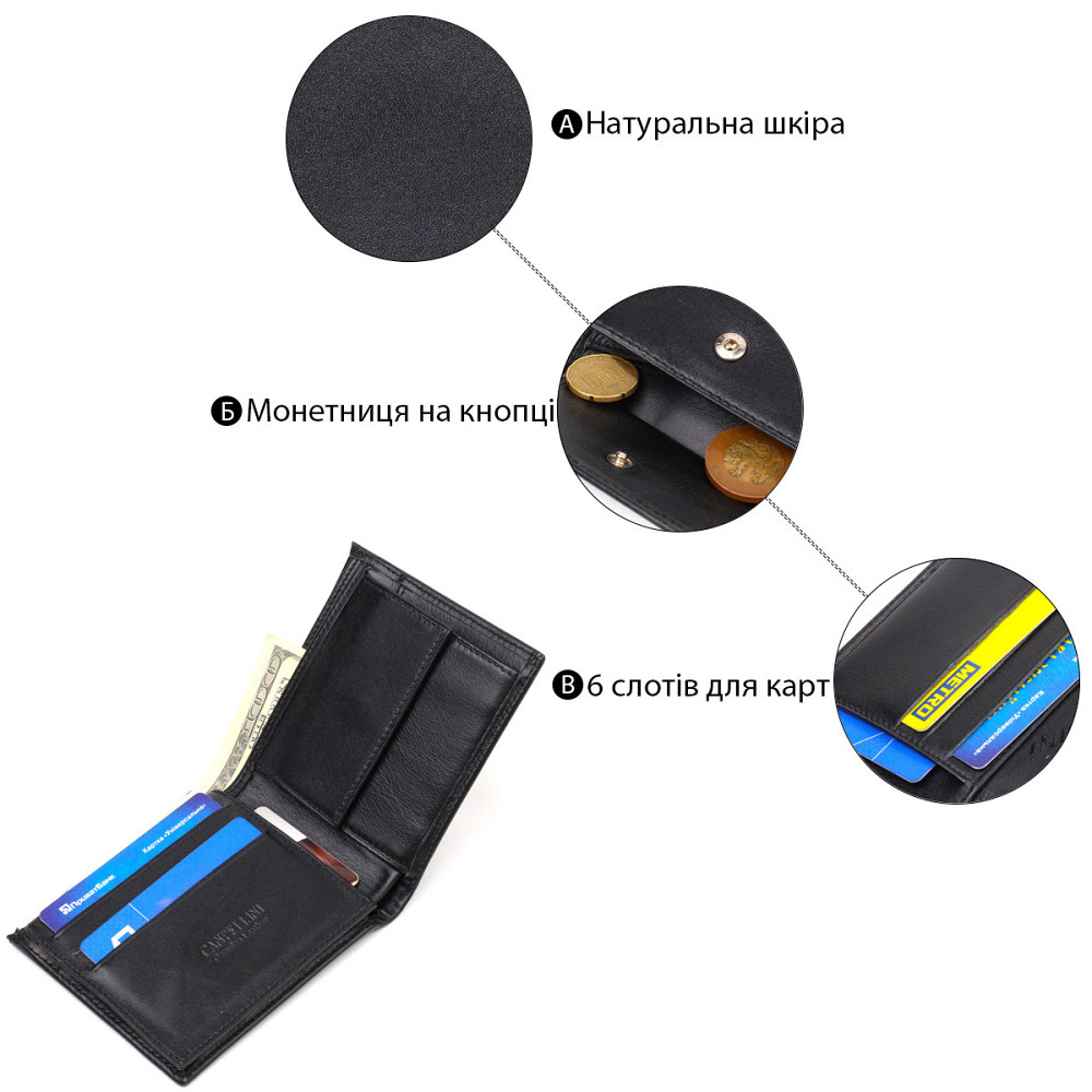 Классическое мужское портмоне из натуральной гладкой кожи CANPELLINI 21786 Черное Киев - изображение 6