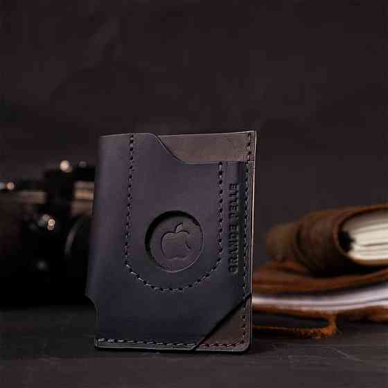 Цікавий картхолдер з утримувачем для Apple AirTag з натуральної шкіри Чорний (GRANDE PELLE) Київ