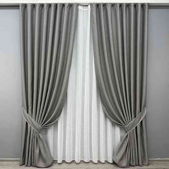 Комплект штор VR-Textil рогожка премиум TERRA LUXE 100х270 2шт и Тюль 400х270 1862ш-115т серый с белым 71-068/2 Киев