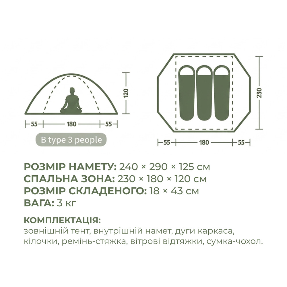Намет тримісний Naturehike Bleik Series Tent CNK2550WS038, зелений Киев - изображение 11