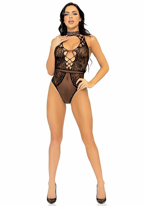 Leg Avenue Net and lace halter bodysuit OS Black Sex Aura Київ - фото 9