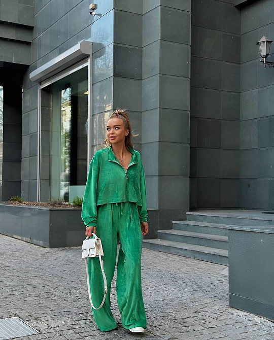 Жіночий прогулянковий плюшевий костюм: кофта та штани Зелений, 46/48 Одеса - фото 4