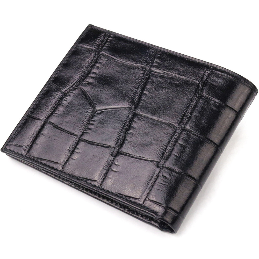 Качественный кошелек для мужчин в два сложения из натуральной фактурной кожи с тиснением под крокодила Черный (CANPELLINI) Киев - изображение 6