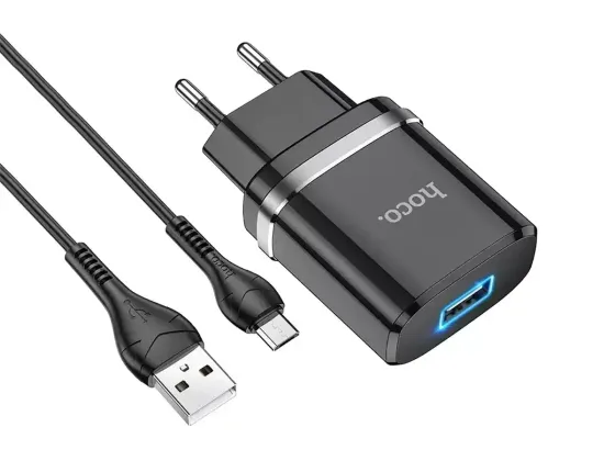 Мережевий зарядний пристрій Hoco N1 Ardent 220V (12W, 5V/2.4A) з підсвічуванням USB та кабелем micro-USB 1м Одеса