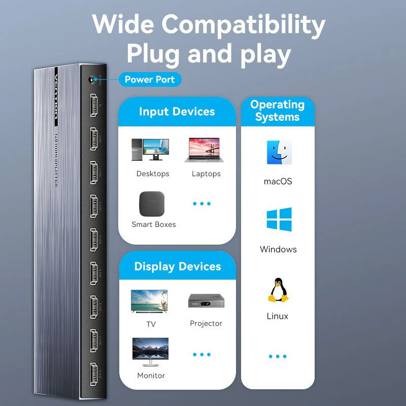 Сплітер HDMI 1.4 UHD 4K 30Hz 3D, HDCP 1x8 ports Чорний Vention Винница - изображение 9