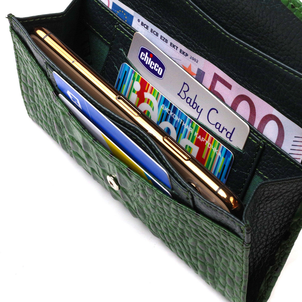 Портмоне для женщин из натуральной кожи с тиснением под крокодила CANPELLINI 21701 Зеленое Киев - изображение 6