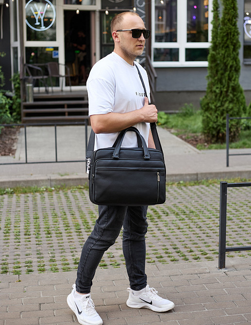 Офисная мужская сумка через плечо 39х29х10, кожаный портфель-мессенджер для бизнеса, черный Каменское - изображение 5