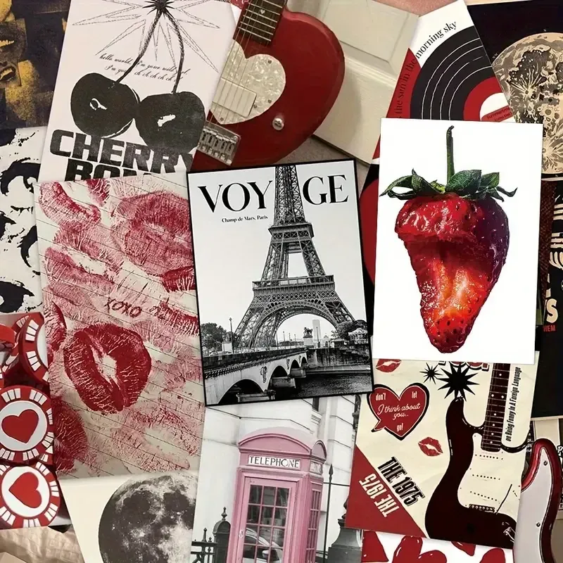 Набір стікерів “Love & Music” – 50 штук, арт і вінтажний стиль, Париж, губи, полуниця Київ - фото 2