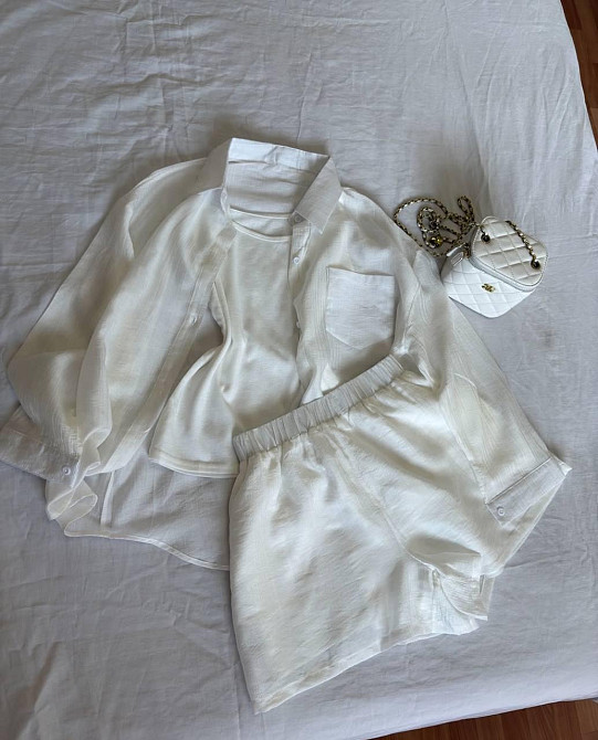 Женский базовый летний костюм двойка: рубашка и шорты креп жатка 46/48, Молочный Одесса - изображение 4