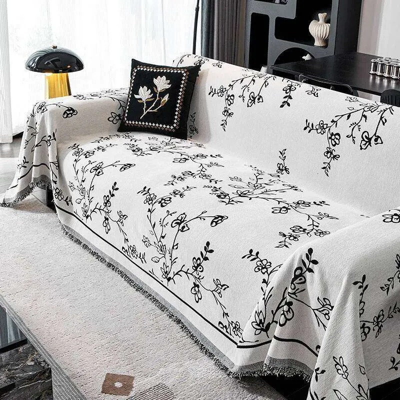 Плед покривало для дивана і ліжка, чохол накидка для м'яких меблів 180х230 см, білий з чорним квітковим візерунком Кам'янець-Подільський - фото 1