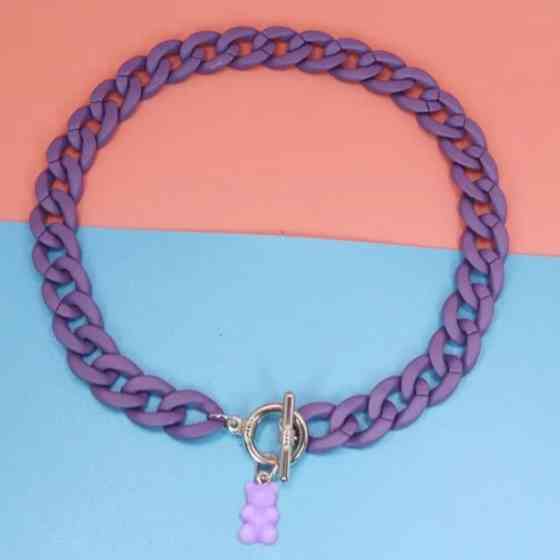 Ожерелье мишки фиолетовое - длина 39см, пластик, цинковый сплав Киев