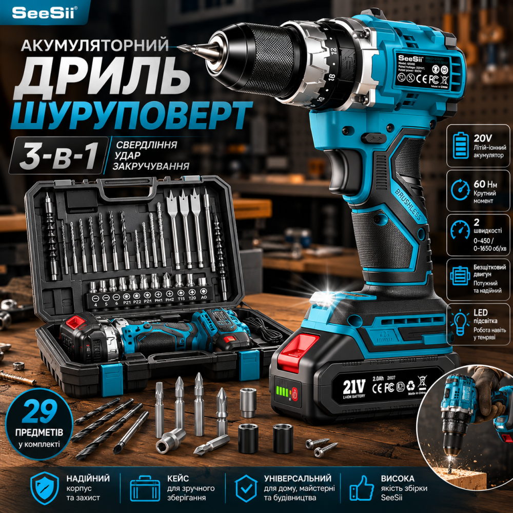 Аккумуляторная бесщёточная дрель-шуруповёрт Seesii 20V 60 Нм 3-в-1 ударная, 2 скорости, кейс, аккумулятор 2.0Ah, набор 29 предмето Киев - изображение 7