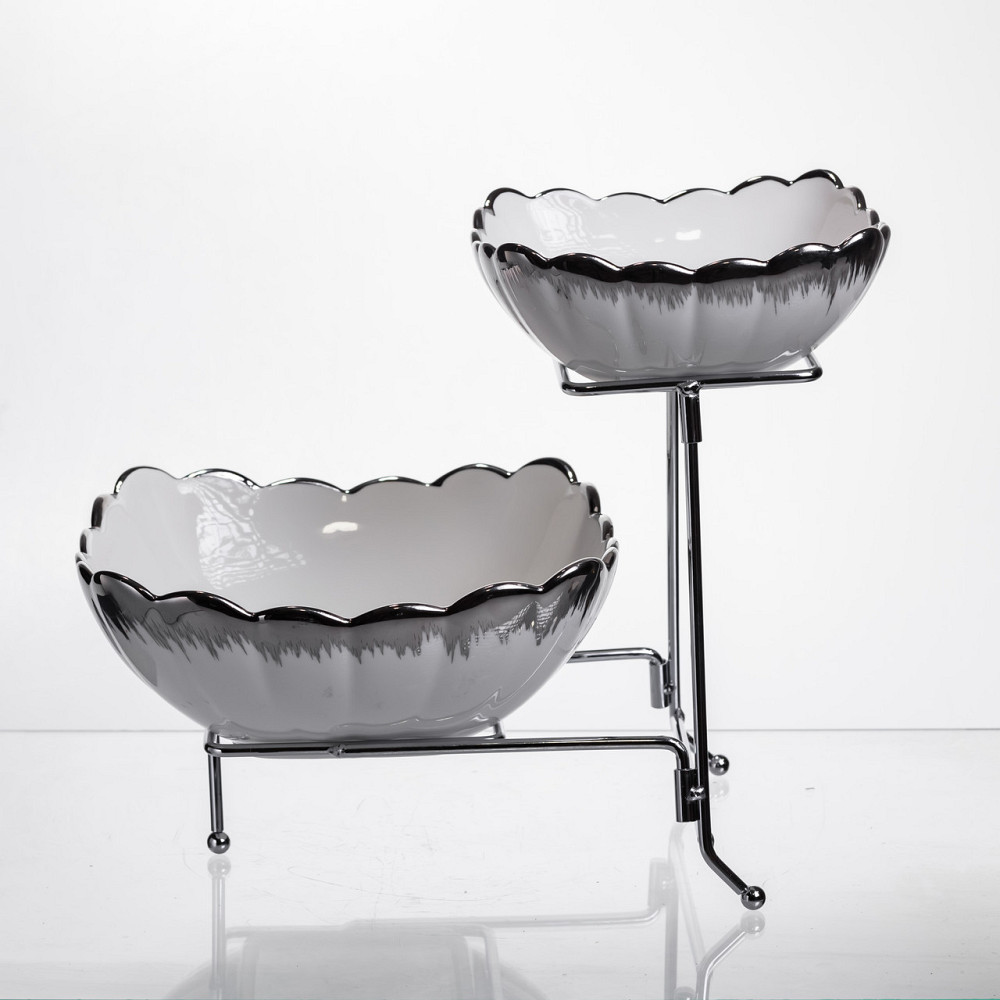 Фруктовниця на 2 яруси фуршетна 27×21×25 (см) Біла з сріблом 2561-1AS Київ - фото 4