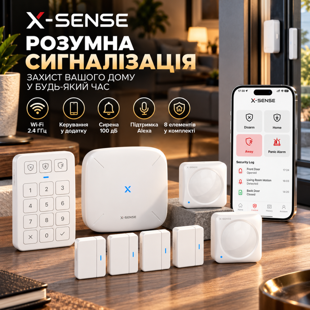 Умная сигнализация X-Sense AS08 Wi-Fi 2.4 ГГц, 8 элементов, 4 датчика дверей, 2 датчика движения, сирена 100 дБ, Alexa Киев - изображение 1