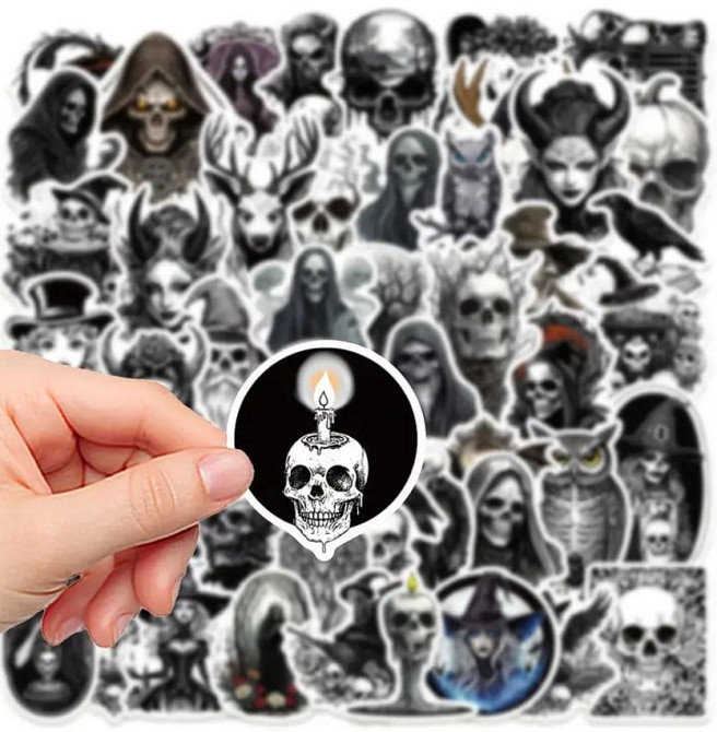Набір вінілових наліпок 50 шт – черепи, скелети, готичні, рок, хелловін, водостійкі наклейки для ноу Київ - фото 3