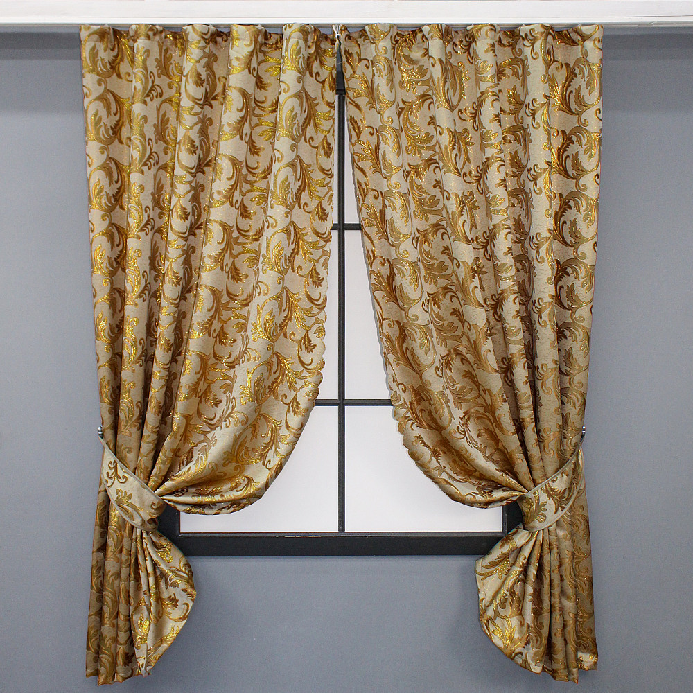 Комплект коротких штор VR-Textil Жаккард Завиток с люрексом № 1641ш Бежевый с золотистым 145х170 см 2 шт (35-0264) Киев - изображение 1