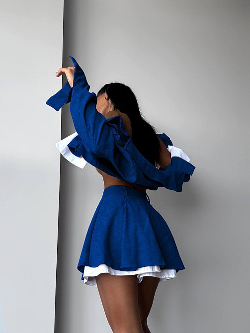 Жіночий стильний костюм-двійка: піджак і спідниця мікровельвет Електрик, 42/44 Одеса - фото 3