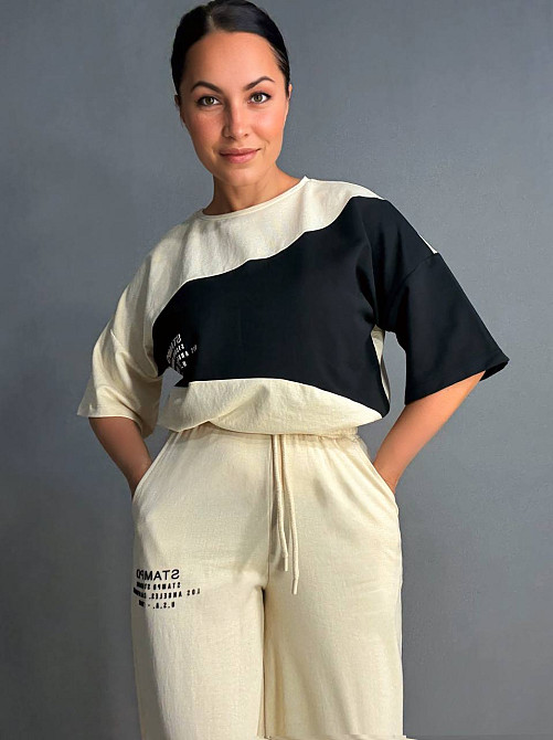 Костюм женский CAPPITONE 3162 оверсайз с черной вставкой футболка и брюки палаццо бежевый, бежевый, S Киев - изображение 14