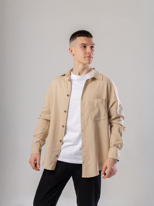 Темно-бежева лляна сорочка для чоловіків із довгим рукавом Pobedov Founder Київ - фото 1