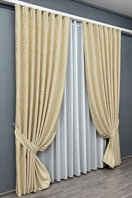 Комплект штор VR-Textil Льон Мармур 150х270 2шт і Тюль 500х270 1909ш-115т Кремовий з білим 71-129/4 Київ - фото 2