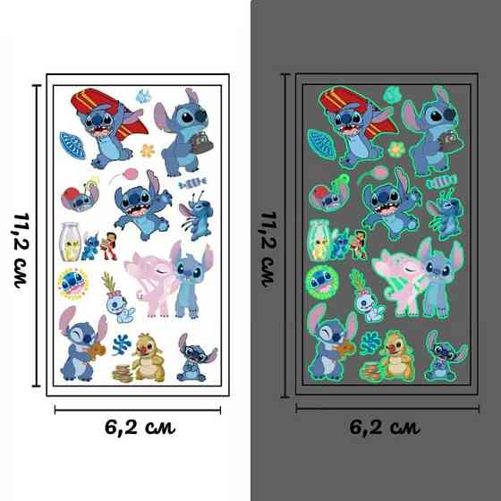 Набір тимчасових татуювань "Стіч" stich-glow-tattoo-10 світяться, 10 аркушів 12х7 см Вінниця