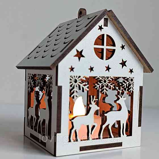 Новорічні іграшки з LED підсвіткою. Будиночок 10см Декор "Олені". Ірпінь