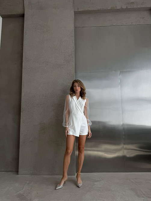 Жіночий стильний елегантний комбінезон креп дайвінг+сітка Білий, 46/48 Одеса - фото 3