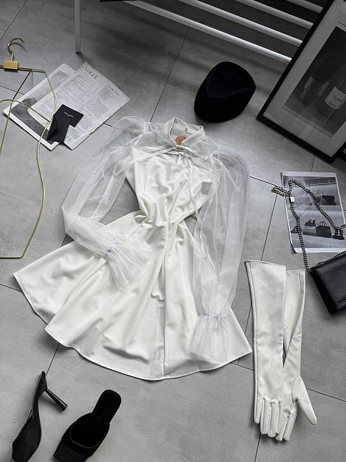 Женское нежное платье с рукавами из сеточки креп дайвинг Молочный, 42/44 Одесса - изображение 5