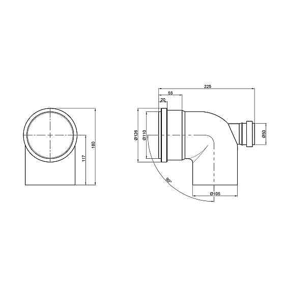 Коліно каналізаційне з відведенням TA Sewage 50х110х110, 90° (назад) Київ
