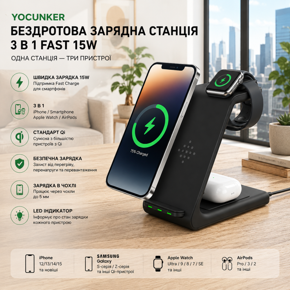 Бездротова зарядна станція YOCUNKER 3 в 1 Fast 15W, Qi, для iPhone, Apple Watch, AirPods, Samsung, чорна Київ - фото 9