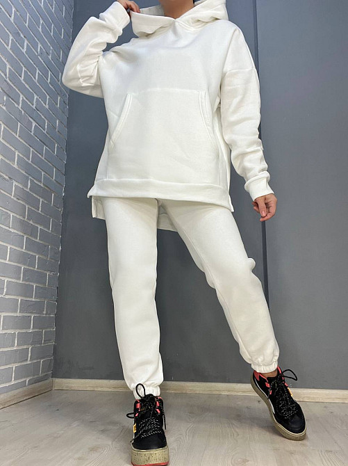 Костюм жіночий ENJOY 14109 довге худі з капюшоном брюки джоггери на резинці утеплений фліс білий, білий, S Київ - фото 1