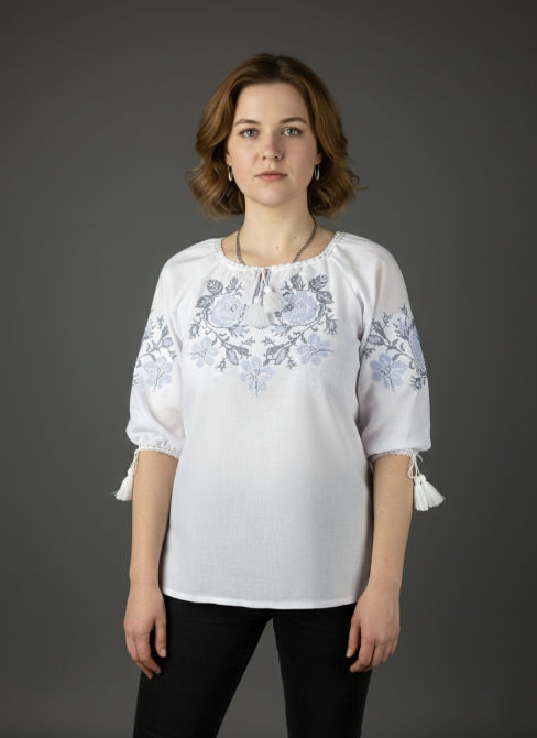 Жіноча вишита сорочка з домотканого полотна із сірими трояндами 60 Київ - фото 1