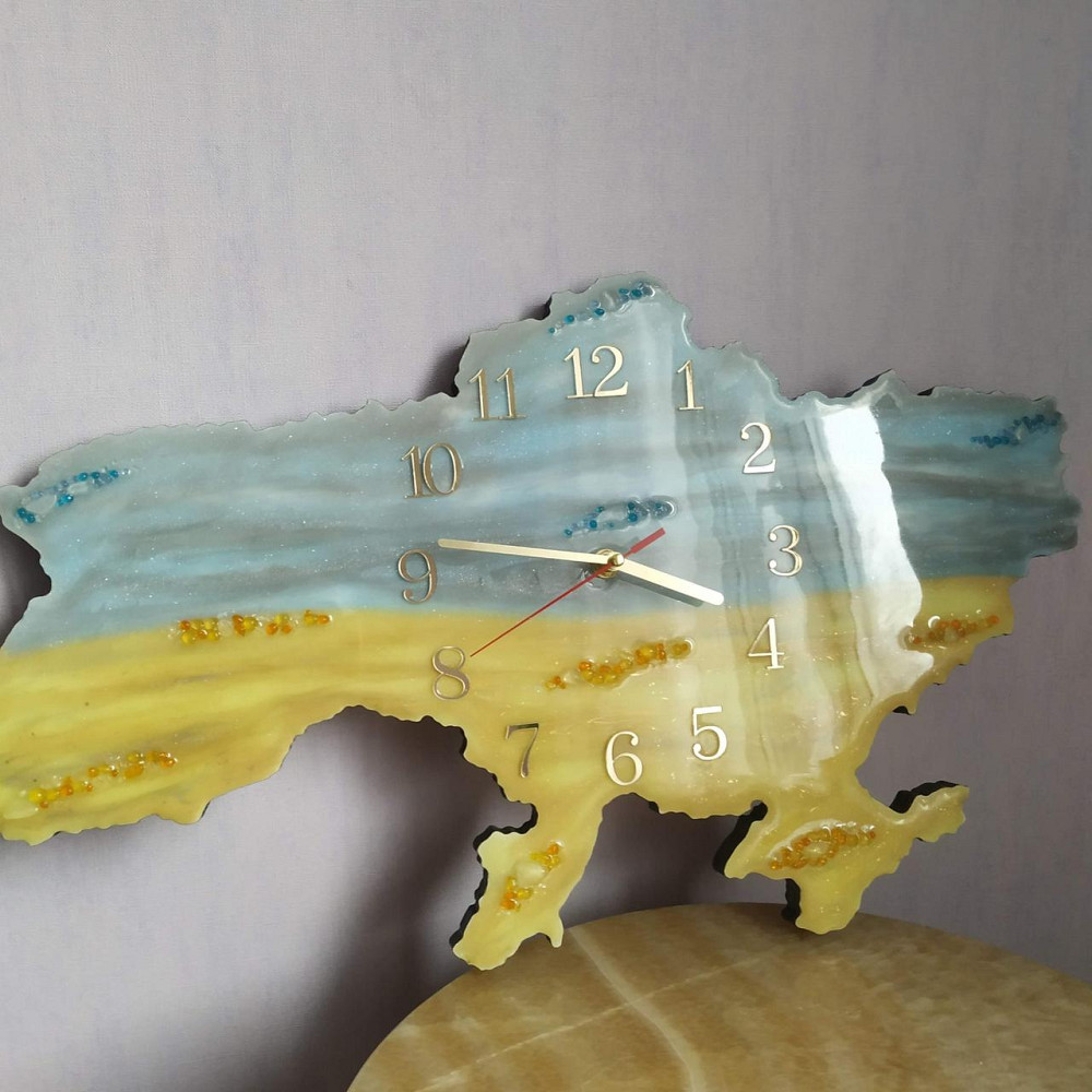 Настінний годинник з епоксидної смоли ручної роботи "Карта України" 50х32 см Дніпро - фото 5