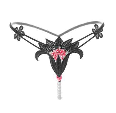 Еротичні труси з перлами чорні "Квітка" - розмір універсальний, (на резинці) Київ