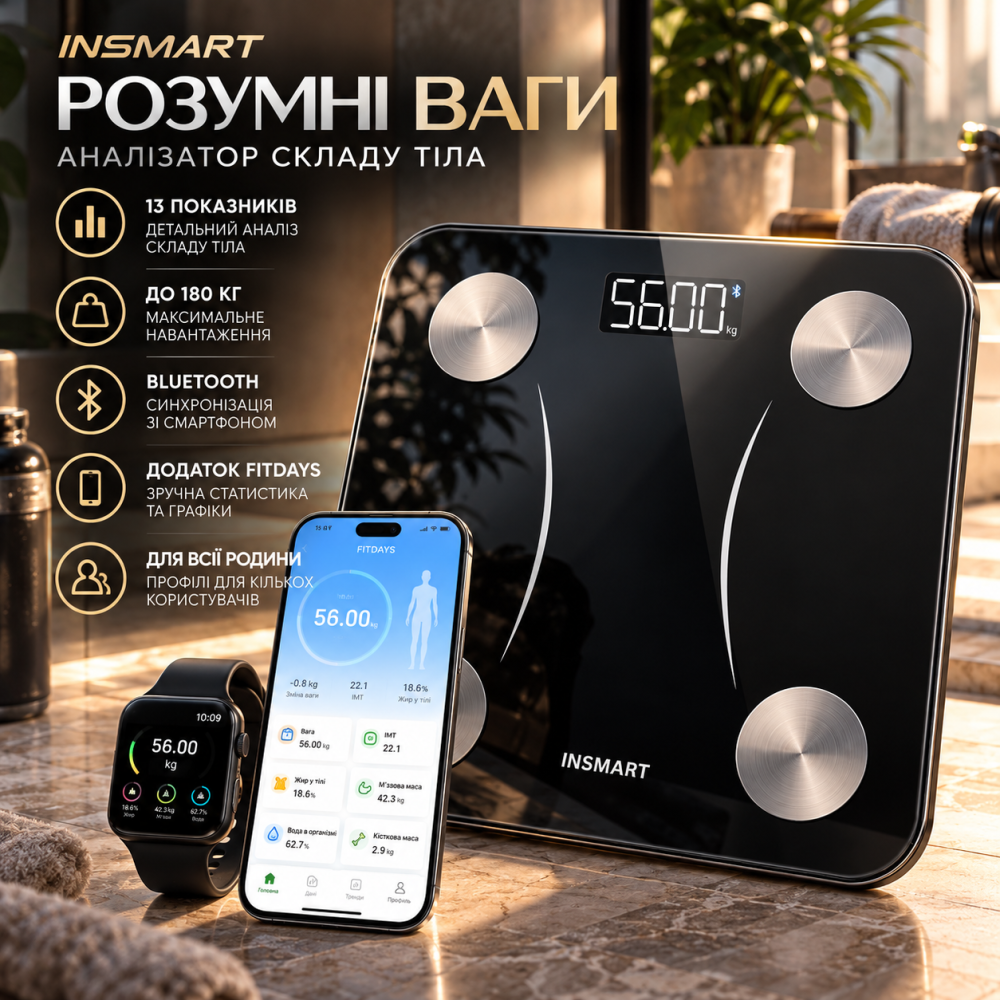 Розумні ваги INSMART Bluetooth 180 кг, аналізатор складу тіла, 13 показників, FITDAYS, чорні Київ - фото 1