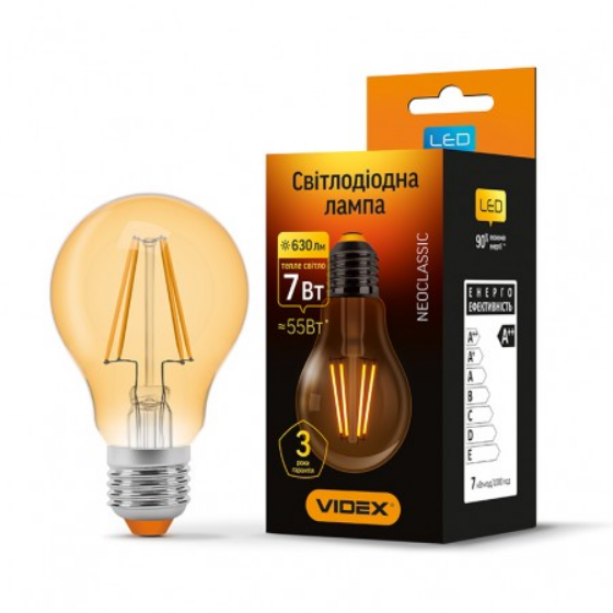 Лампа A60 7W E27 2200К 220V Filament A LED Videx Житомир - изображение 1
