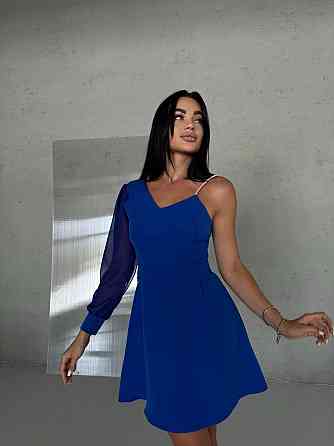 Жіноча святкова міні сукня на одне плече костюмка із шифоновим рукавом Електрик, 44 Одеса